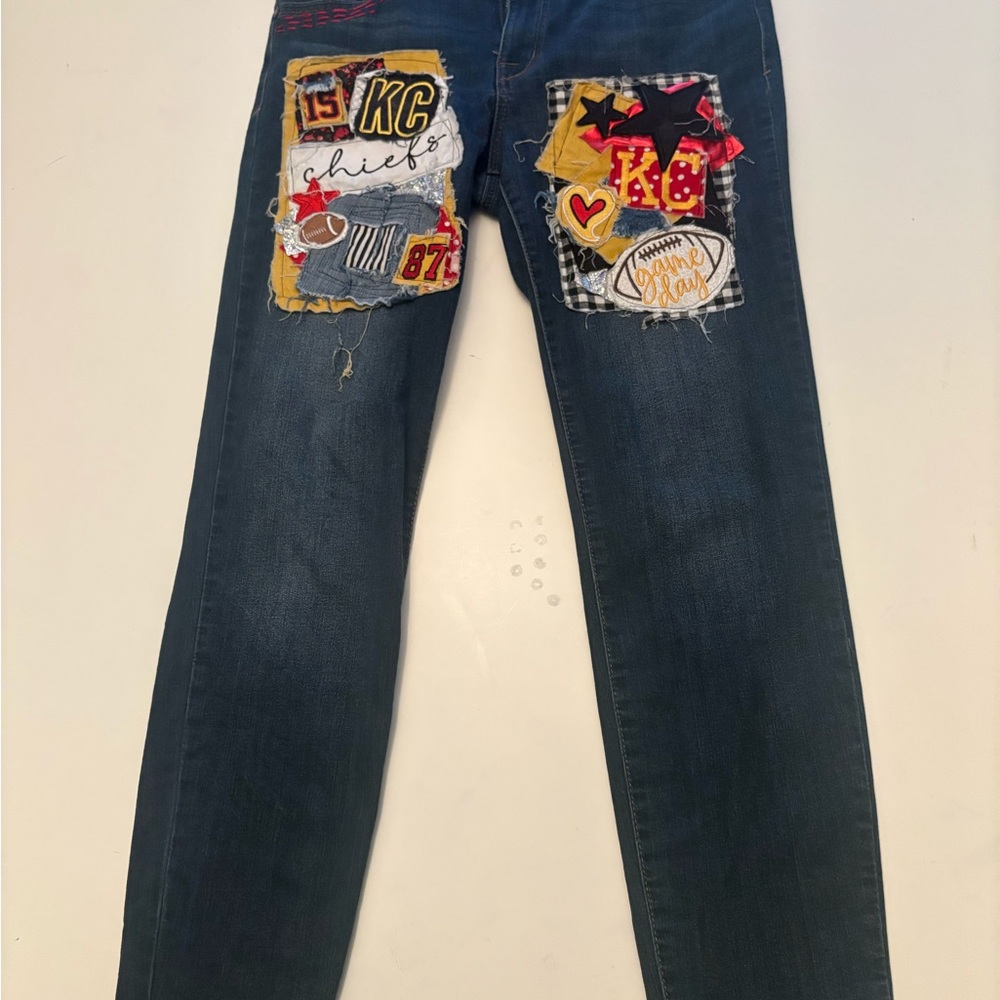 1822 Denim Slim Straight Dark Blue Jeans with KC Chiefs patches and stitching